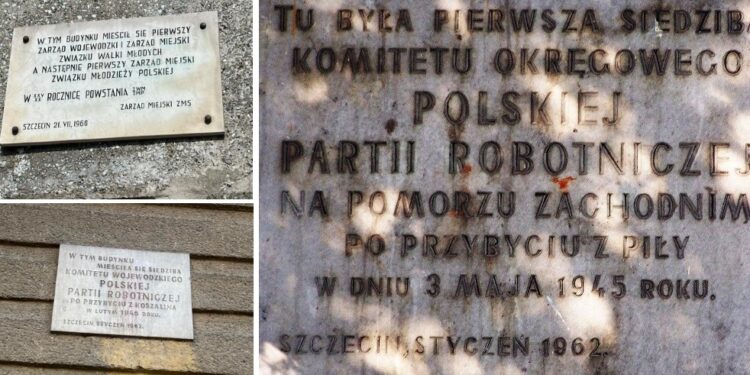 Tablice upamiętniające komunistyczne organizacje na szczecińskich budynkach