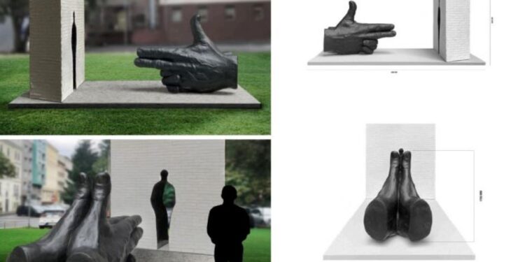 Pokraczna interpretacja wizerunku pomnika z SBO 2022. Autor projektu: To nie może być pomnik czczący strzelające palce