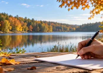 Ilustracja: zapisywanie uwag do projektu na tle jeziora i jesiennych drzew.