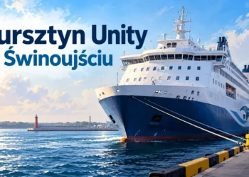 Ilustracja promu pasażersko-samochodowego przy nabrzeżu.