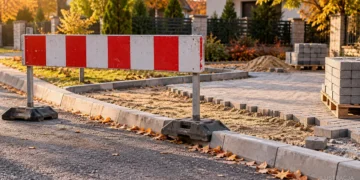 Czerwono-biała zapora i kostka brukowa przy pracach drogowych