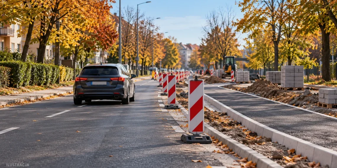 Ilustracja prac drogowych na miejskiej ulicy, z wygrodzonym pasem jezdni.