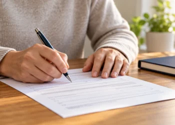 Dłonie osoby wypełniającej formularz — konsultacje programu współpracy w Łobzie