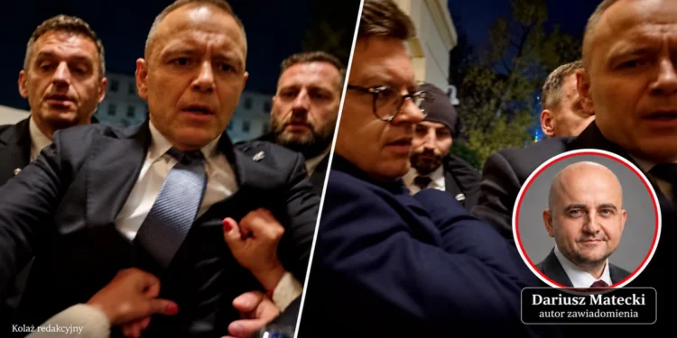 Kolaż redakcyjny: 2 kadry z zajścia przy TK i osobny portret Dariusza Mateckiego, autora zawiadomienia