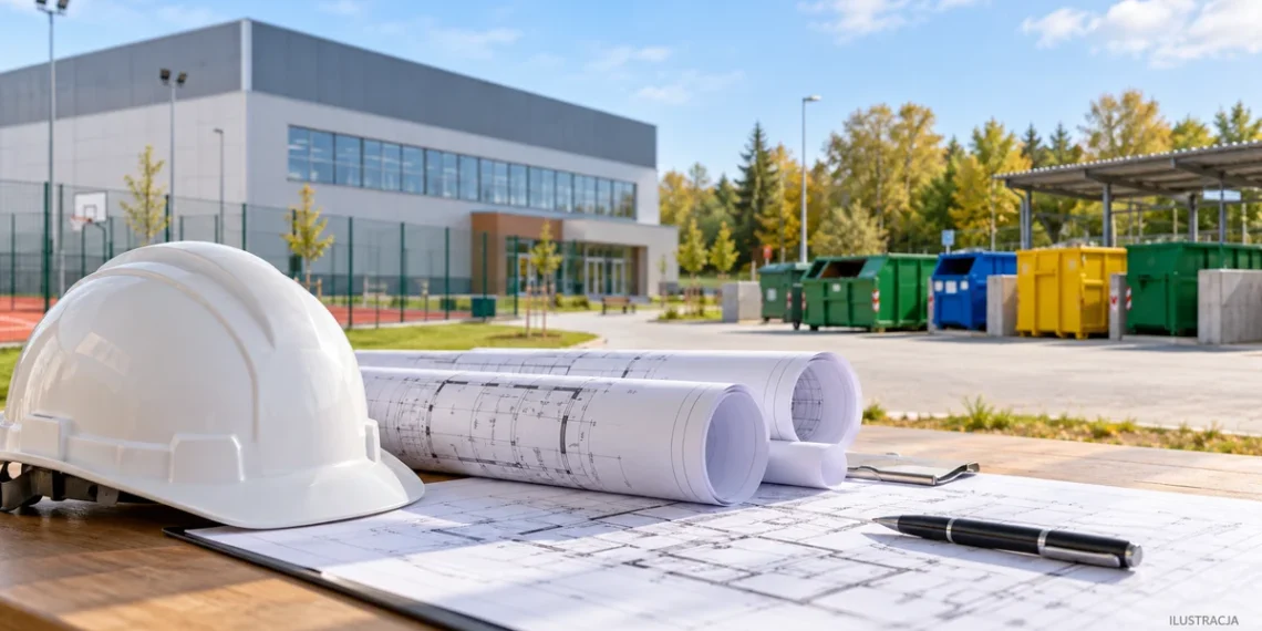Kask i plany budowlane na tle hali sportowej oraz kontenerów do segregacji odpadów