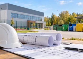 Kask i plany budowlane na tle hali sportowej oraz kontenerów do segregacji odpadów