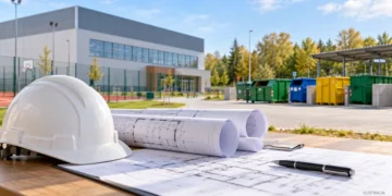 Kask i plany budowlane na tle hali sportowej oraz kontenerów do segregacji odpadów