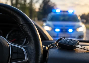 Kluczyki i kierownica samochodu na tle radiowozu – ilustracja kontroli drogowej.