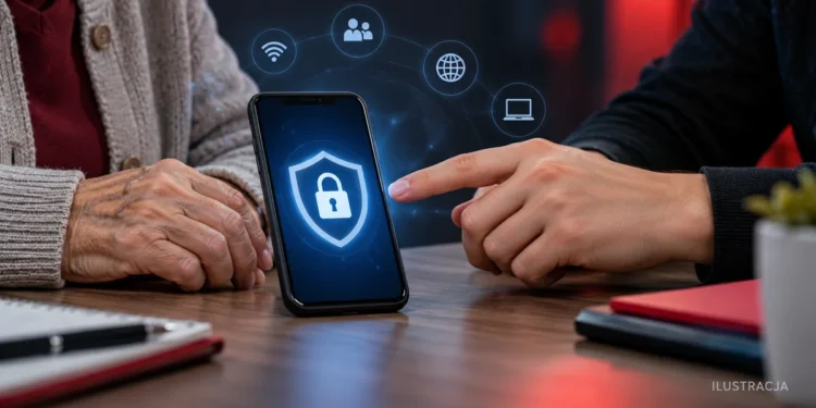Smartfon z symbolem ochrony danych - ilustracja