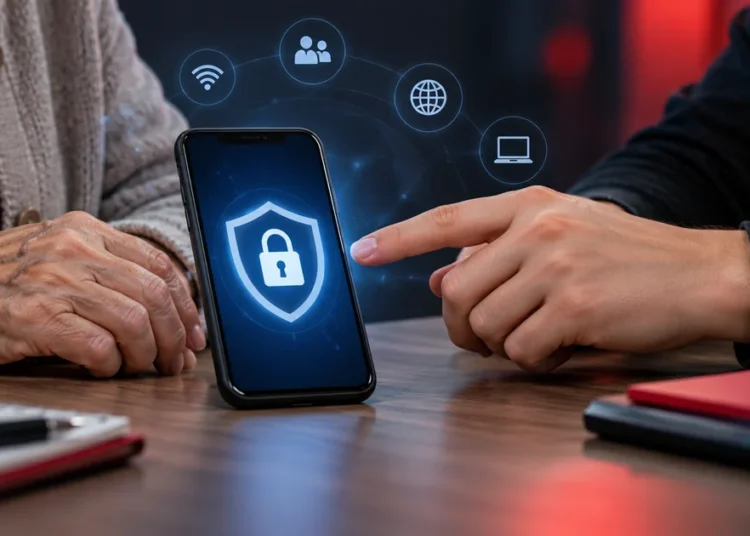 Smartfon z symbolem ochrony danych - ilustracja