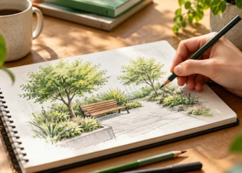 Dłoń szkicująca pomysł zielonego skweru w notesie — ilustracja budżetu obywatelskiego