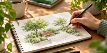 Dłoń szkicująca pomysł zielonego skweru w notesie — ilustracja budżetu obywatelskiego