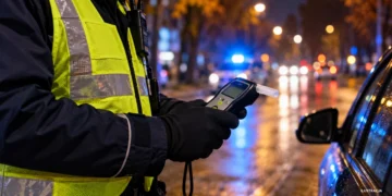 Policjant trzyma alkomat podczas kontroli przy samochodzie - ilustracja.