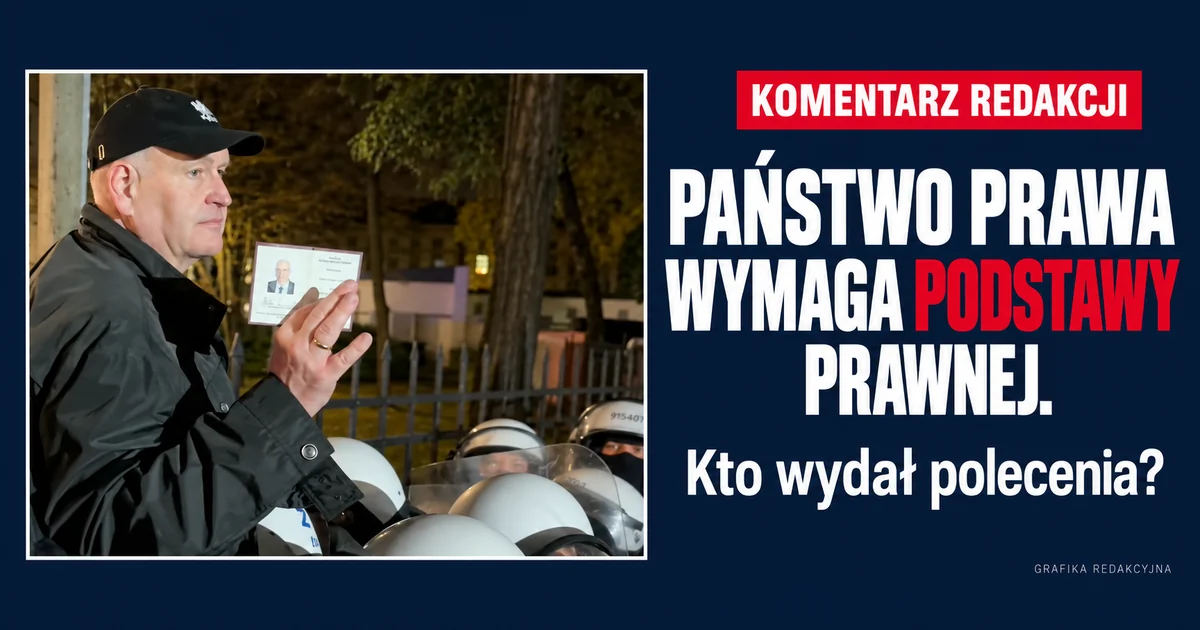 Grafika z pytaniem o podstawę prawną i wydane polecenia, na tle kadru z wydarzeń przed Trybunałem
