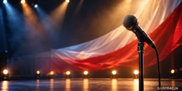 Mikrofon na scenie z biało-czerwoną tkaniną – ilustracja koncertu niepodległościowego w Trzcińsku-Zdroju