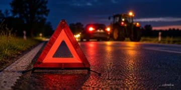 Trójkąt ostrzegawczy na drodze, samochód i ciągnik w tle; ilustracja do wiadomości o zderzeniu pod Koniewem.